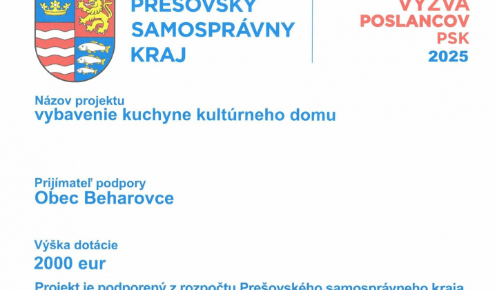 Fotka - Podpora projektu z dotácie PSK 2025- vybavenie kuchyne kultúrneho domu